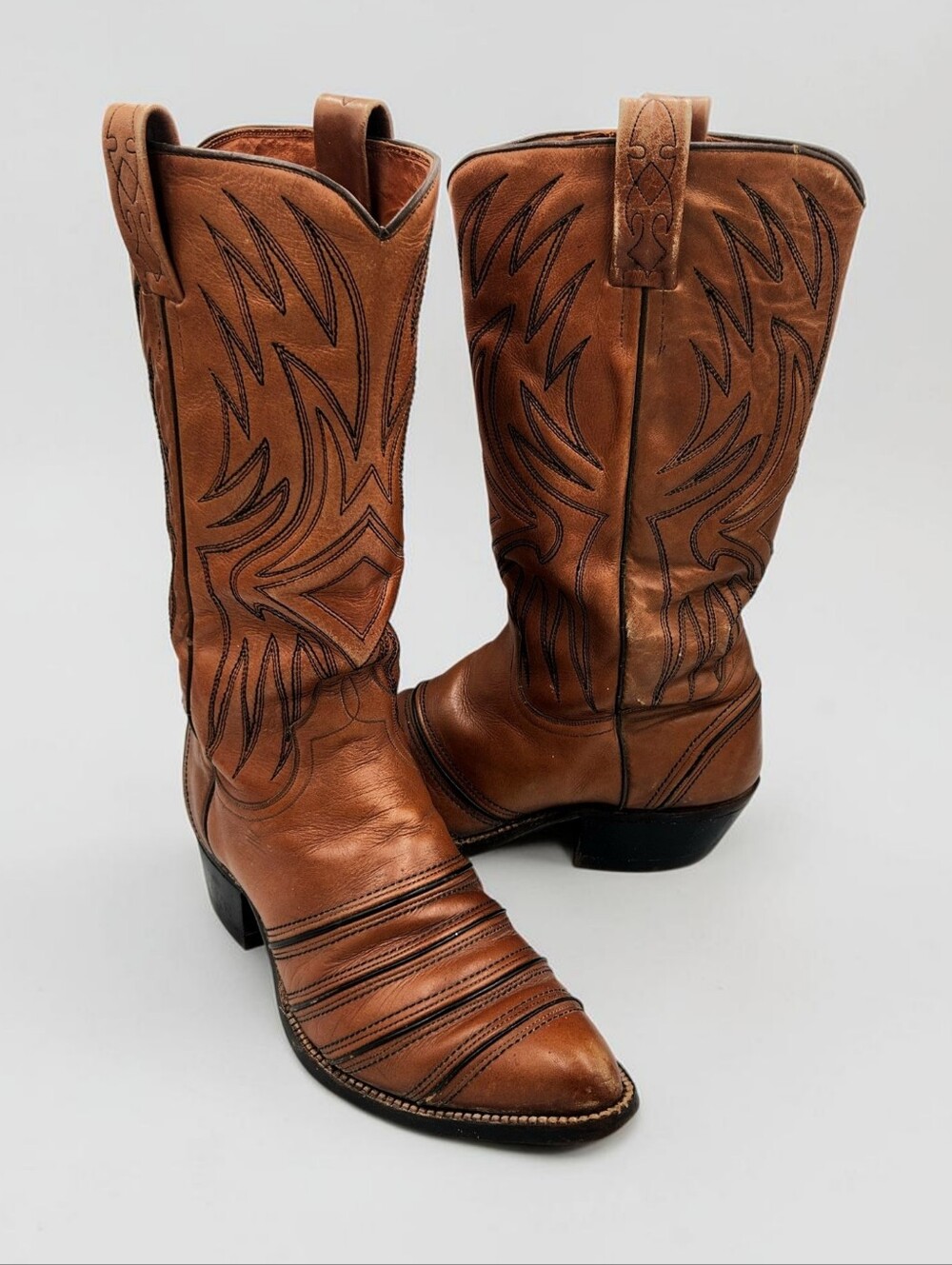 Vintage Dan Post Cognac Leather Tall Cowboy Boot Women 9.5 D Embroidered Western